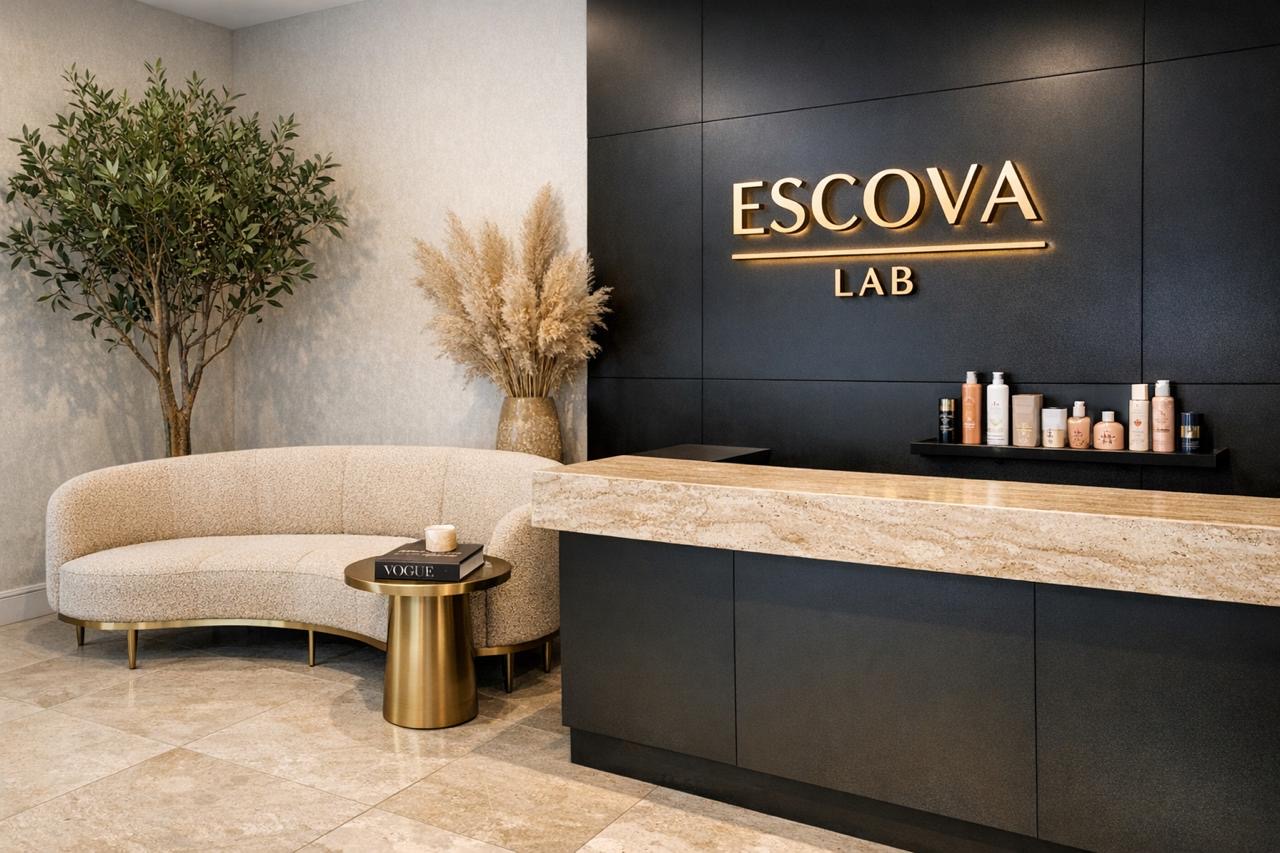 Recepção luxuosa do Escova Lab com balcão em mármore